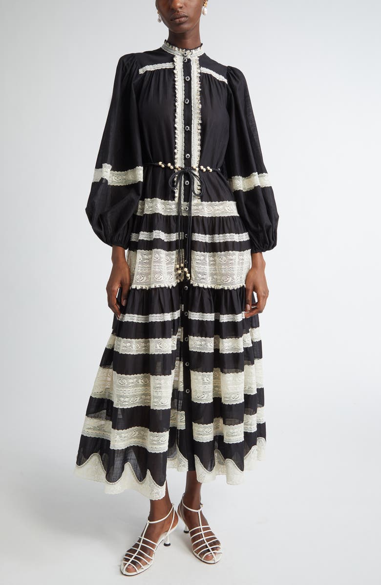 Rhiannon Lace Stripe Long Sleeve Billow Midi Shirtdress