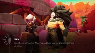 Wanderstop review; two digital fantasy characters talk, they are stood in a colourful world