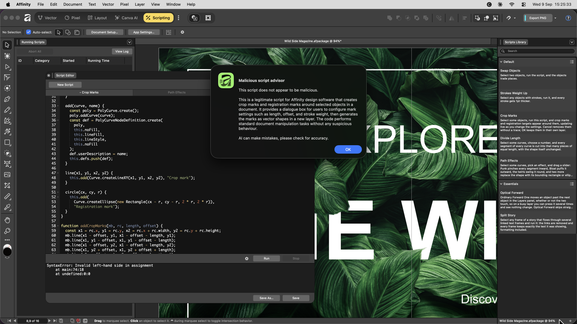 A screenshot of Affinity's Scripting interface with JavaScript code for adding crop marks, a scripts library panel on the right, and a &amp;quot;Malicious script advisor&amp;quot; pop-up confirming the script is safe.