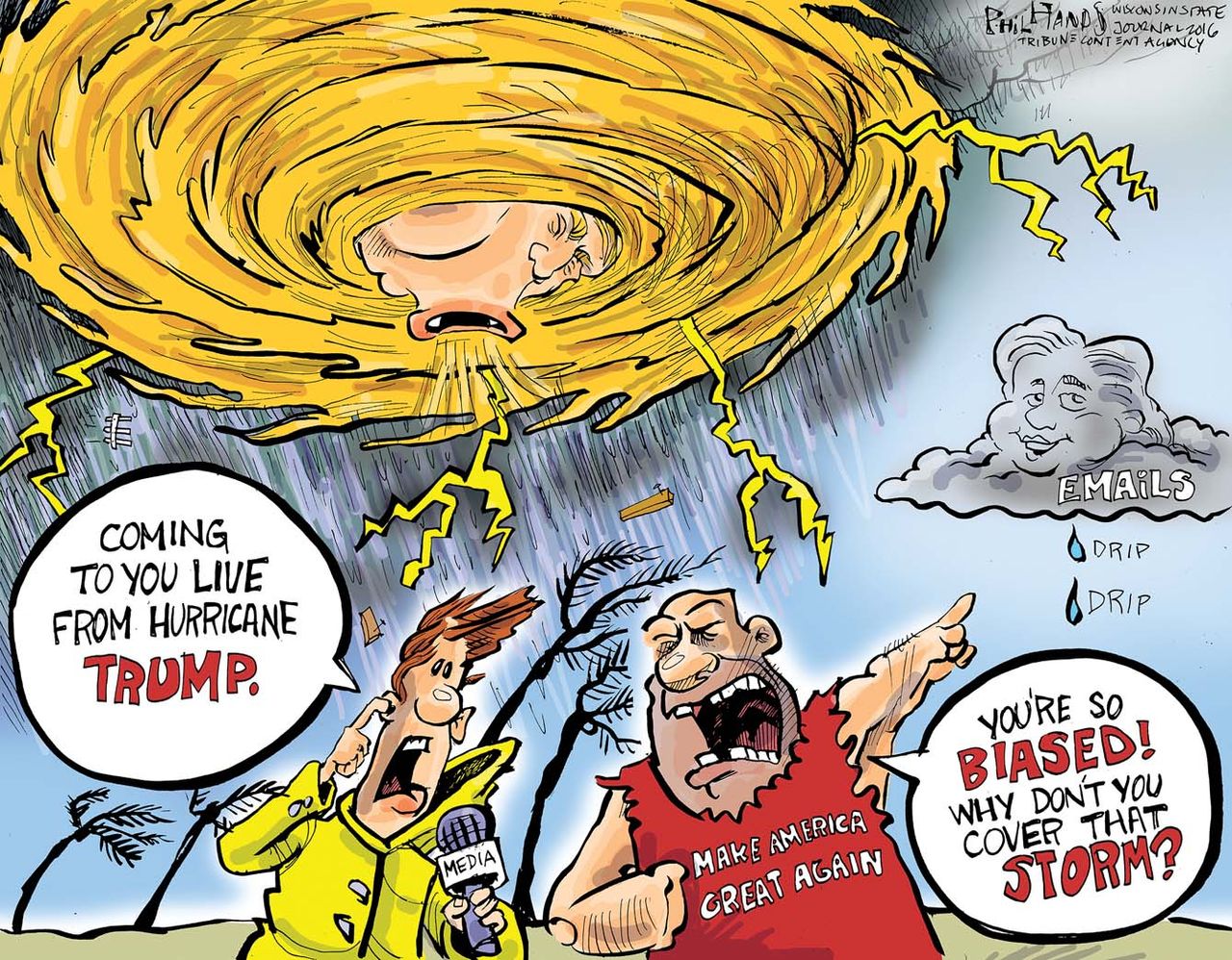 Political cartoon U.S. 2016 election Donald Trump hurricane Hillary Clinton storm media