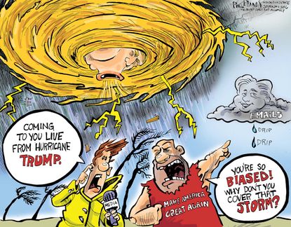 Political cartoon U.S. 2016 election Donald Trump hurricane Hillary Clinton storm media