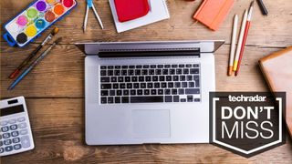 back to school sale sales header image with a laptop and various school supplies on a wooden tabletop