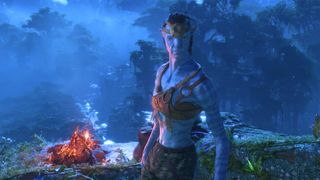 avatar find nor - a na'vi is standing next to a campfire with a night time forest behind them