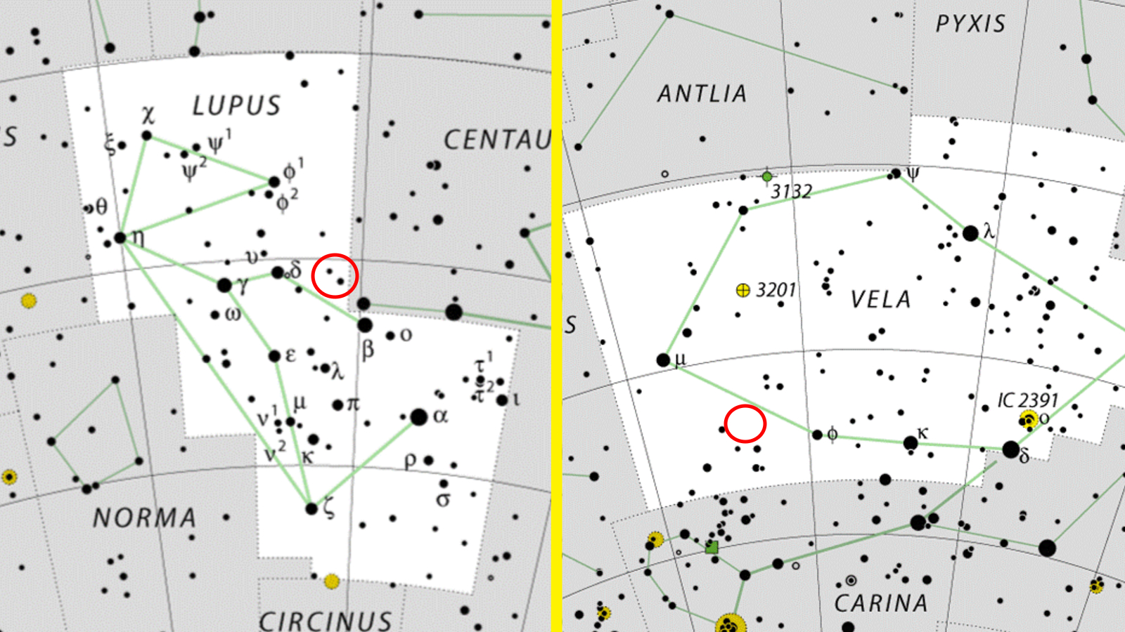 Stellar charts showing the approximate locations of the new novas