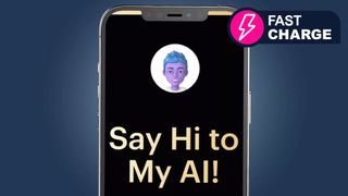 A phone on a blue background showing Snapchat's AI chatbot