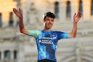 MADRID SPAIN SEPTEMBER 08 Ben OConnor of Australia and Team Decathlon AG2R La Mondiale celebrates at podium as second place winner during the La Vuelta 79th Tour of Spain 2024 Stage 21 a 246km individual time trial stage from Madrid to Madrid UCIWT on September 08 2024 in Madrid Spain Photo by Dario BelingheriGetty Images