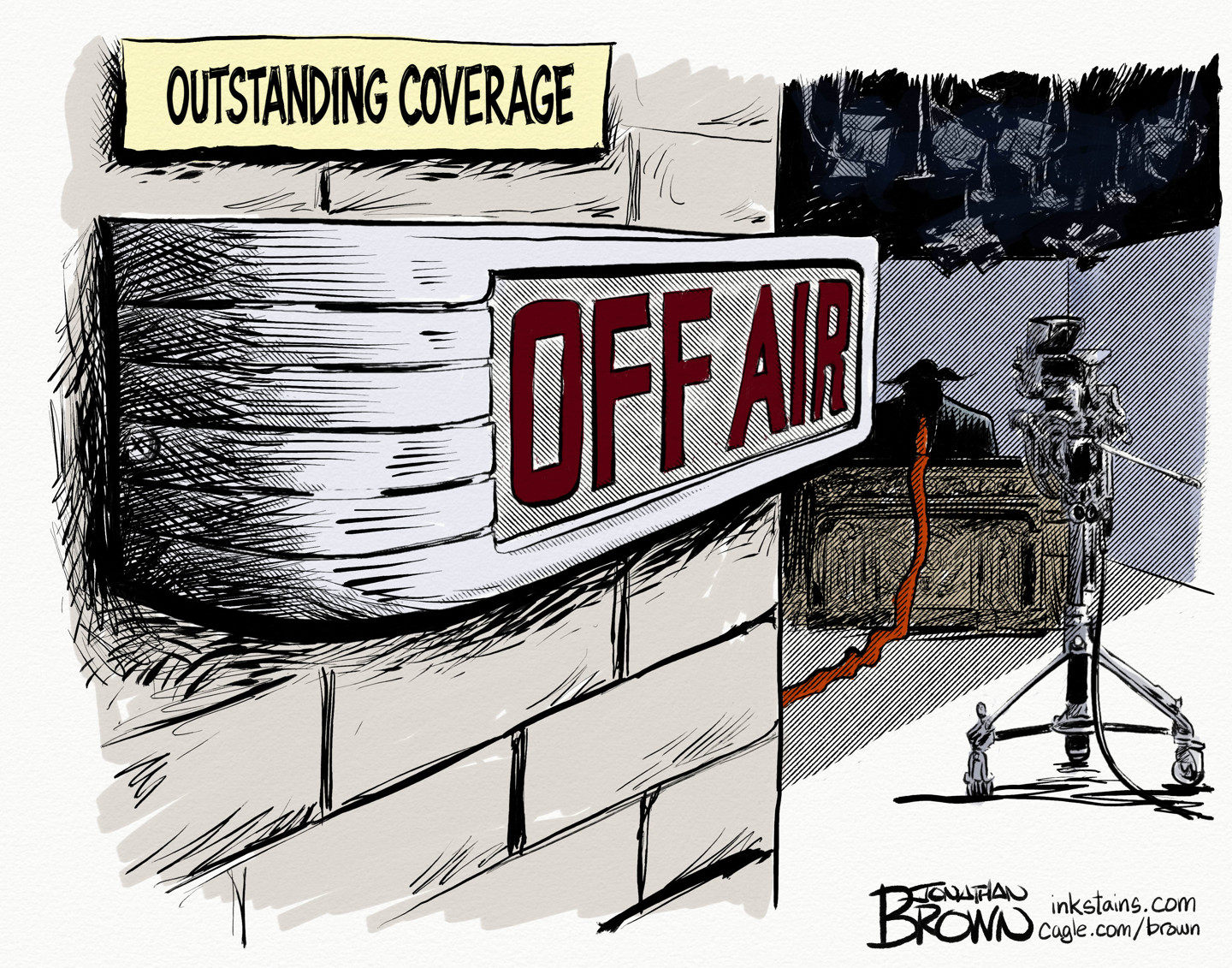 This cartoon depicts a darkened TV studio where a shadowy Donald Trump sits at a desk in the corner, barely seen. The cartoon is titled &amp;ldquo;Outstanding Coverage&amp;rdquo; and a large sign in the studio reads &amp;ldquo;OFF AIR&amp;rdquo;.