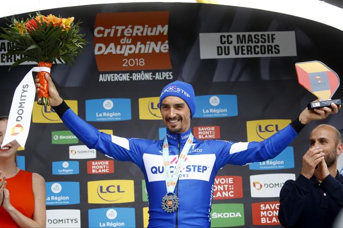 Julian Alaphilippe (Quick-Step Floors) celebrates his victory at stage 4 of the Criterium du Dauphine