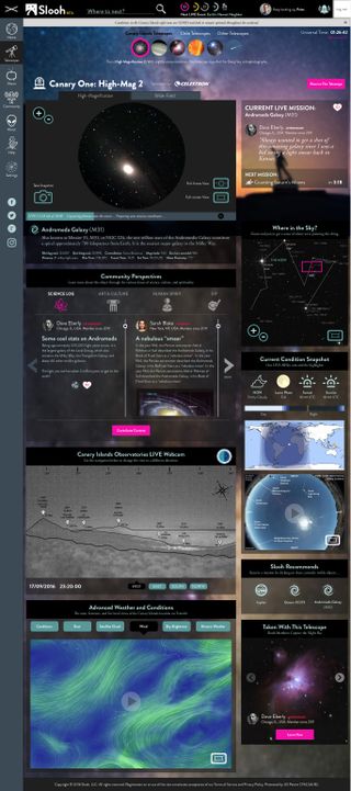 A page from the new website for the Slooh Community Observatory shows a list of live "missions," meaning what the telescope is currently studying.