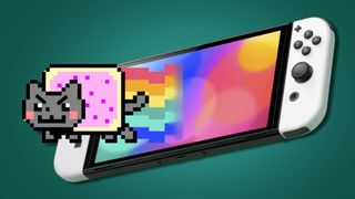An angry looking version of the Nyan Cat blasting out of a Nintendo Switch OLED