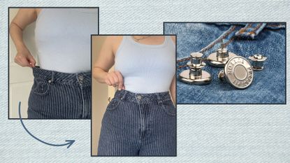 two shots of matilda wearing jeans next to a still life shot of the buttons
