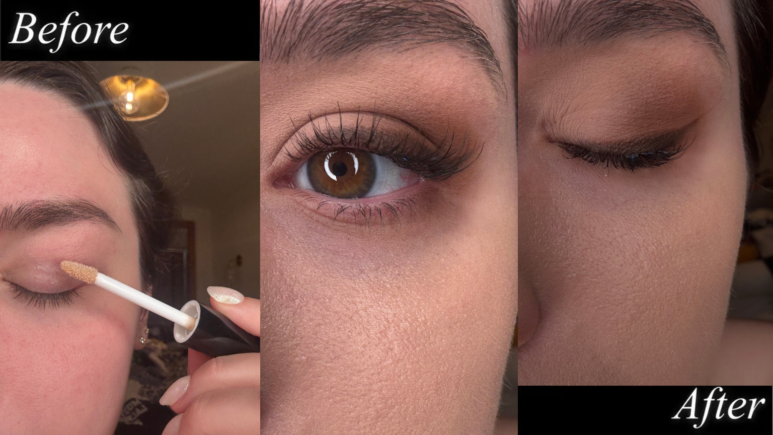 A close-up image of a woman's eye applying eye makeup and then two more images, one open, one closed, of an eye featuring a smokey shadow and winged liner