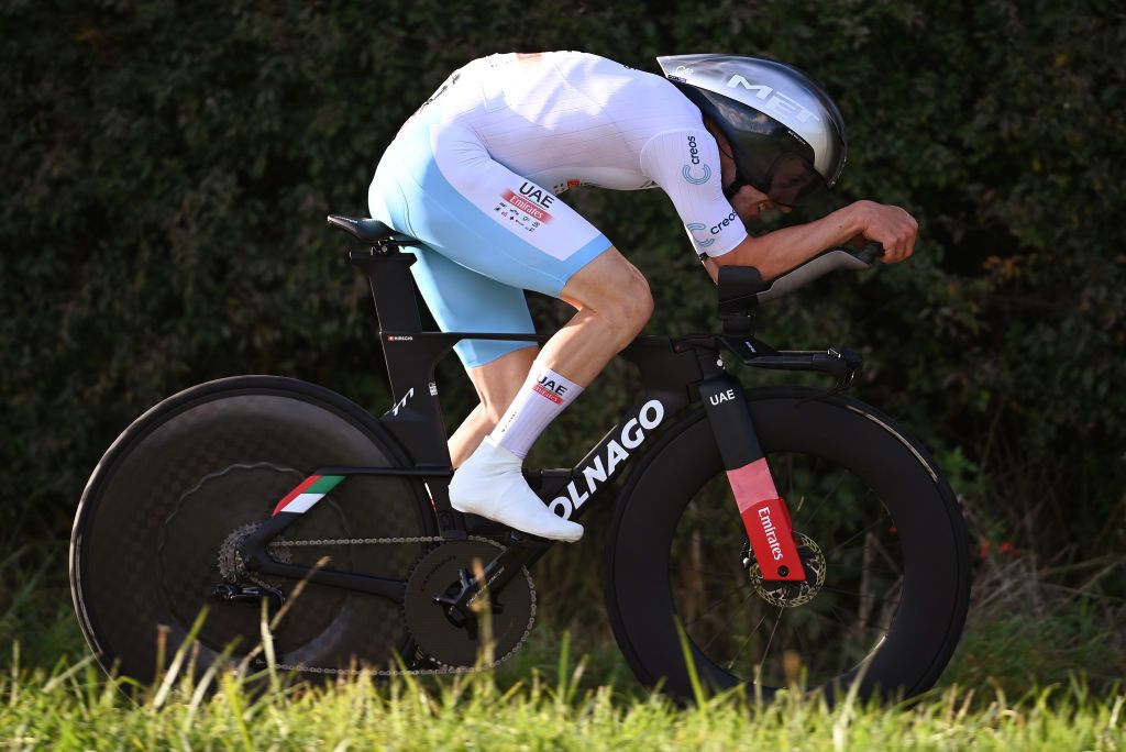 PETANGE LUXEMBOURG SEPTEMBER 23 Marc Hirschi of Switzerland and UAE Team Emirates White best young jersey sprints during the 83rd Skoda Tour Luxembourg 2023 Stage 4 a 239km individual time trial from Ptange to Ptange on September 23 2023 in Petange Luxembourg Photo by Tim de WaeleGetty Images