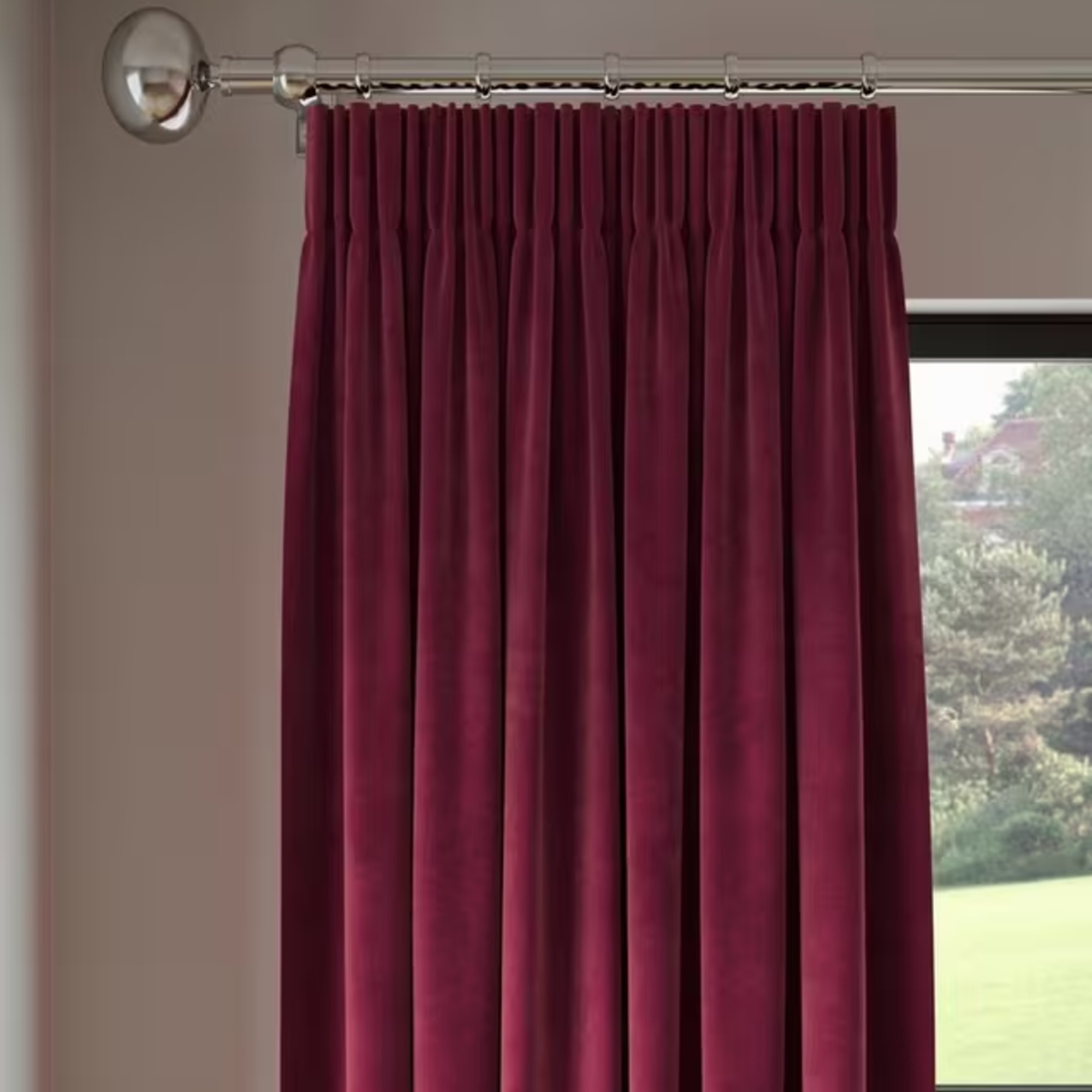 John Lewis Velvet Pair Lined Pencil Pleat Curtains, Damson