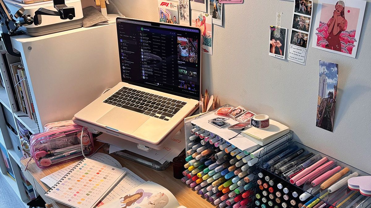 Vibrant character art; the artist&#039;s studio, laptop and markers