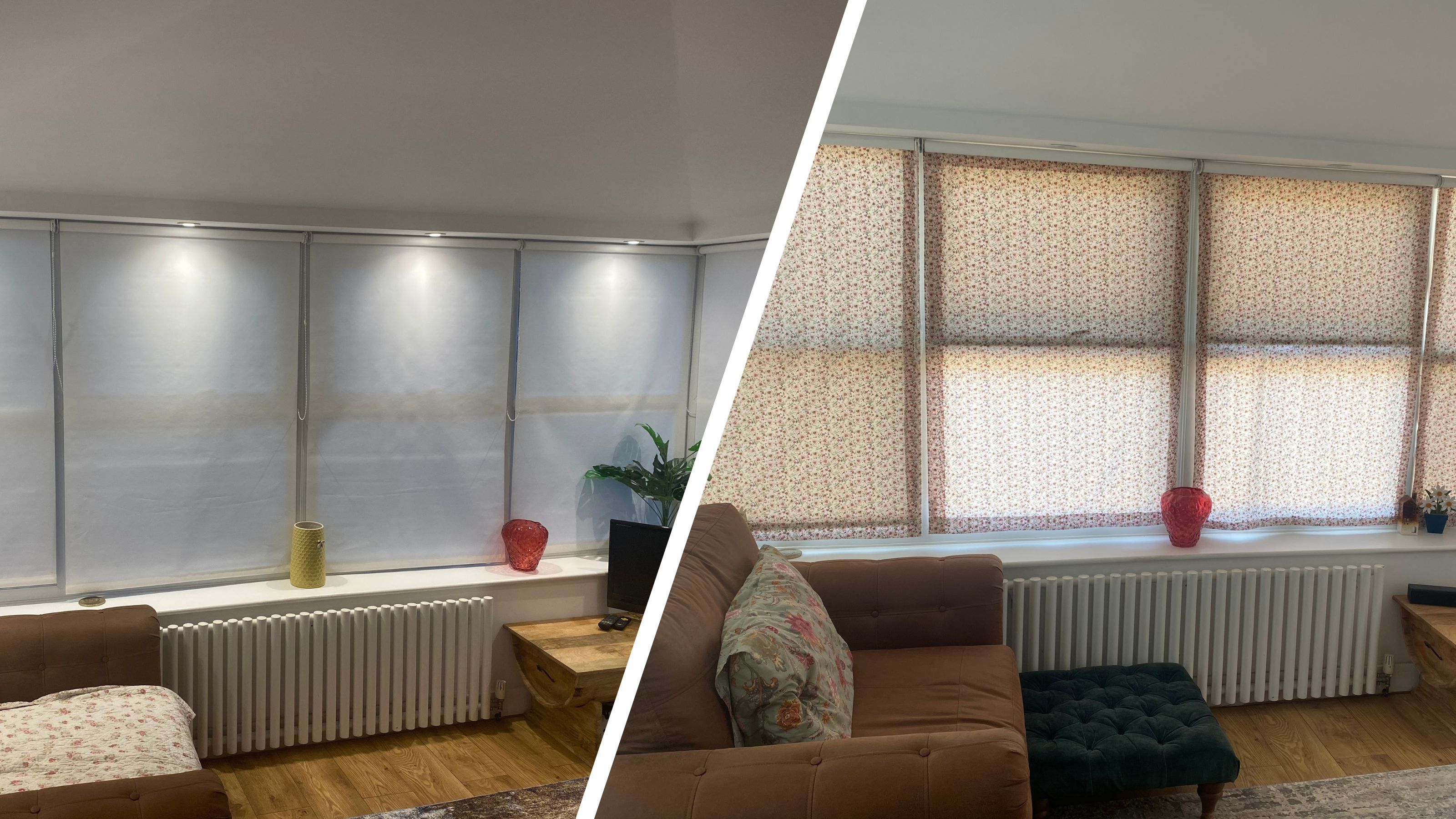 Spliced image showing the before and after transformation of my conservatory blinds