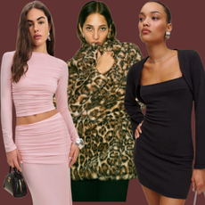 Reformation models wearing holiday dresses on brown background