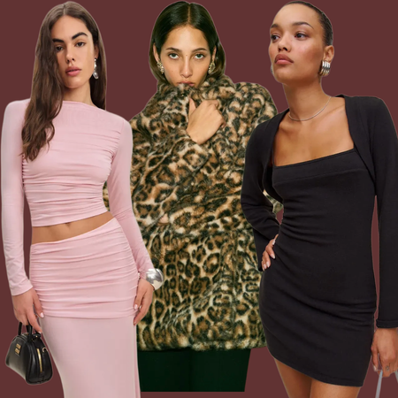 Reformation models wearing holiday dresses on brown background 