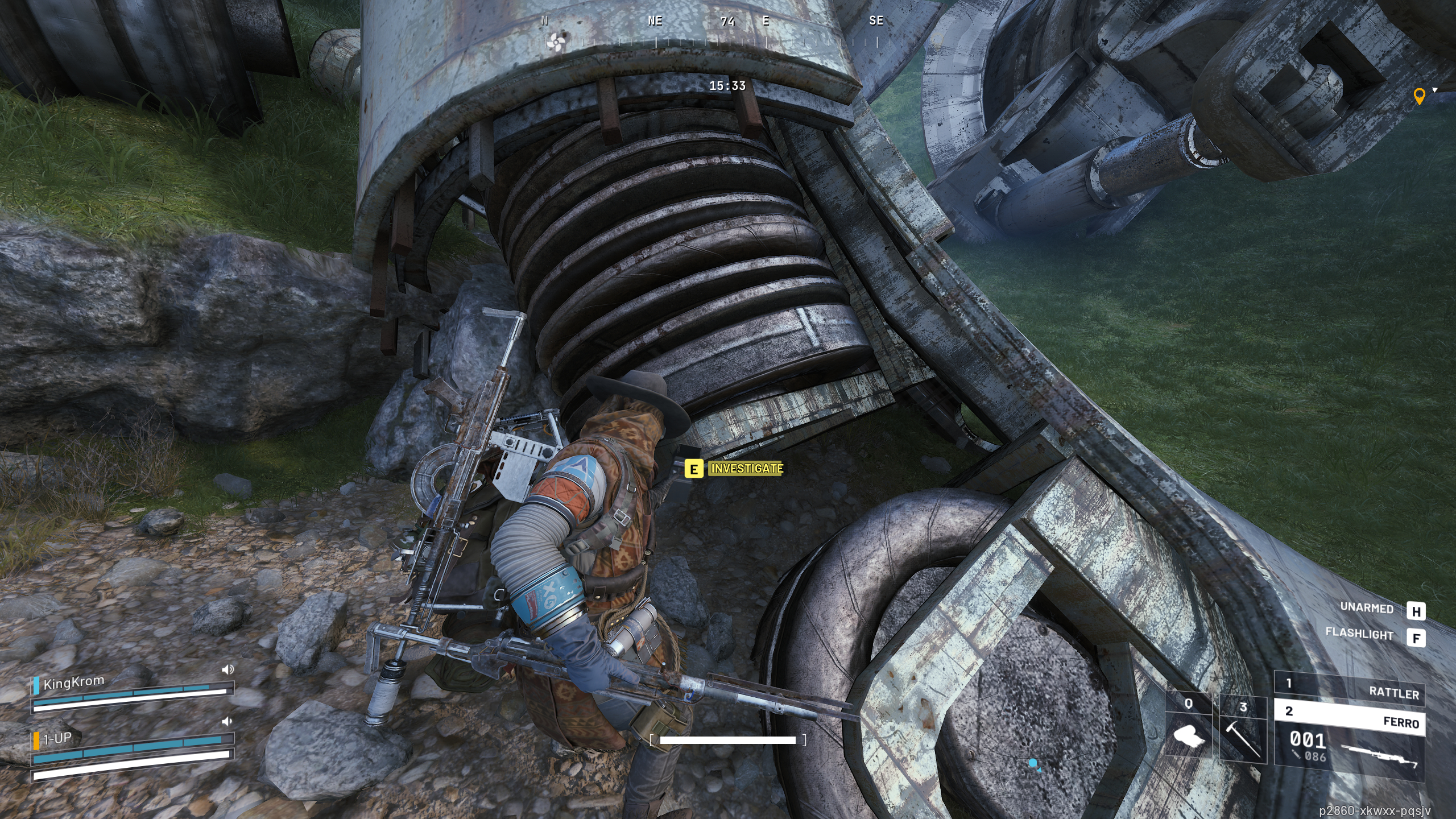 Arc Raiders Reduced to Rubble: A player investigating the old Arc machine on a grassy hilltop.