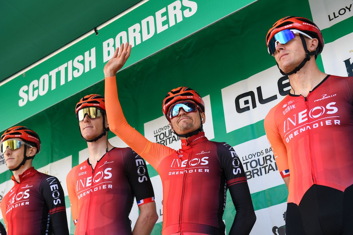 Picture by Simon Wilkinson/SWpix.com - 03/09/2024 - Lloyds Bank Tour of Britain 2024 - Stage 1: The Scottish Borders Stage, Kelso to Kelso, Scotland - INEOS Grenadiers team sign on presentation (L to R) Connor Swift, Tom Pidcock, Ben Swift (INEOS Grenadiers)