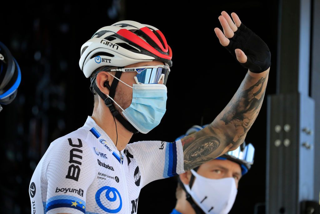 LOUDENVIELLE FRANCE SEPTEMBER 05 Start Giacomo Nizzolo of Italy and NTT Pro Cycling Team Mask Covid Safety Measures during the 107th Tour de France 2020 Stage 8 a 141km stage from CazresSurGaronne to Loudenvielle TDF2020 LeTour on September 05 2020 in Loudenvielle France Photo by Christophe Petit Tesson PoolGetty Images