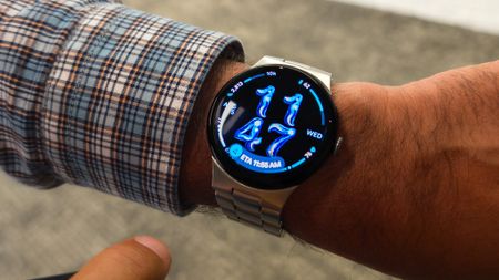 The At a Glance feature on the Google Pixel Watch 5, showing the current Google Maps route ETA