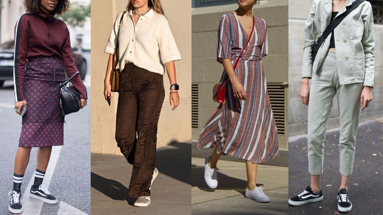 How to wear Vans: composite image of four street style snaps of women styling Vans differently—one in a skirt, one in trousers, one in a dress, one in a suit