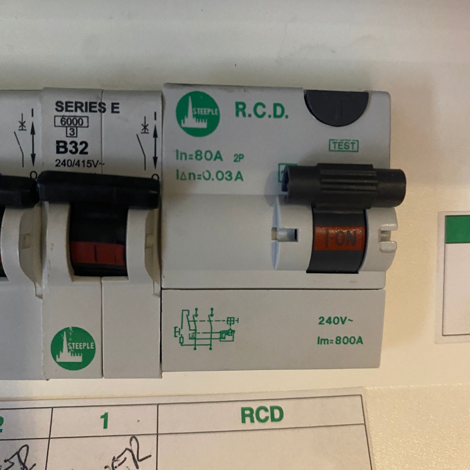 Close up of the RCD and miniature circuit breakers on my electrical circuit board