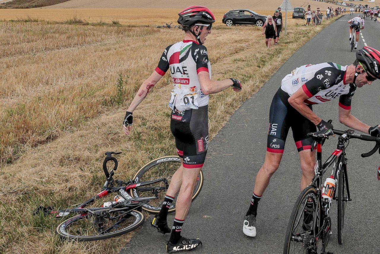 Dan Martin (UAE Team Emirates) gets up after his crash