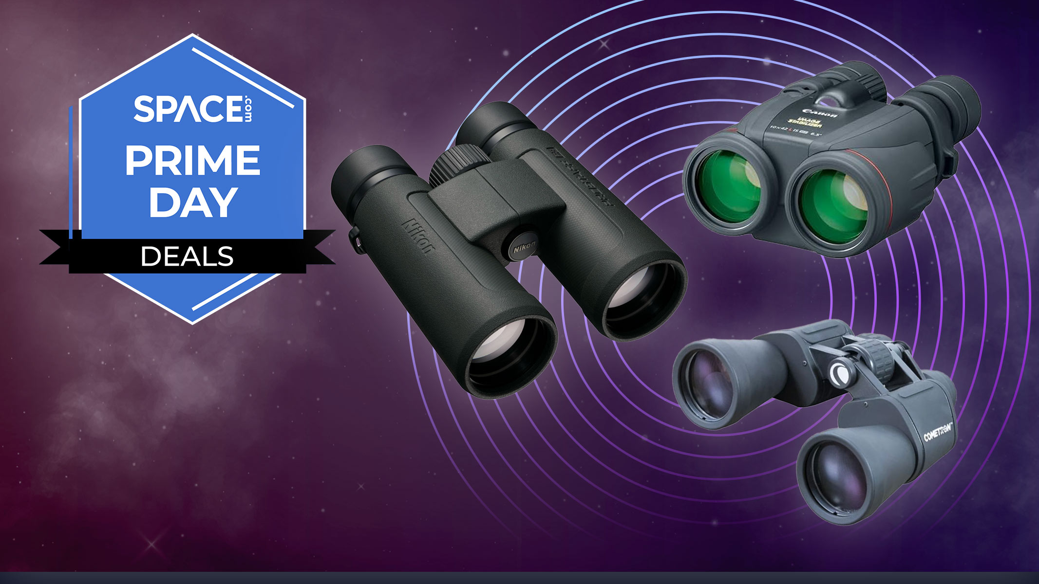 The Nikon Prostaff P3 10x42 binoculars, Celestron Cometron 7x50 binoculars and Canon 10x42 IS L WP binoculars on a purple space background with a blue Space.com Prime Day badge in the upper left corner.