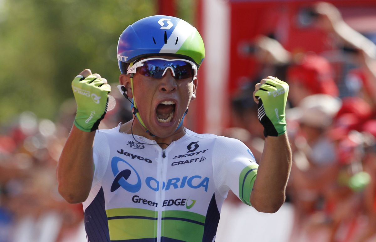 Caleb Ewan celebrates his victory