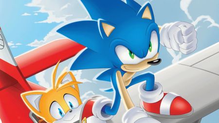 Sonic on a bi-plane that Tails is flying