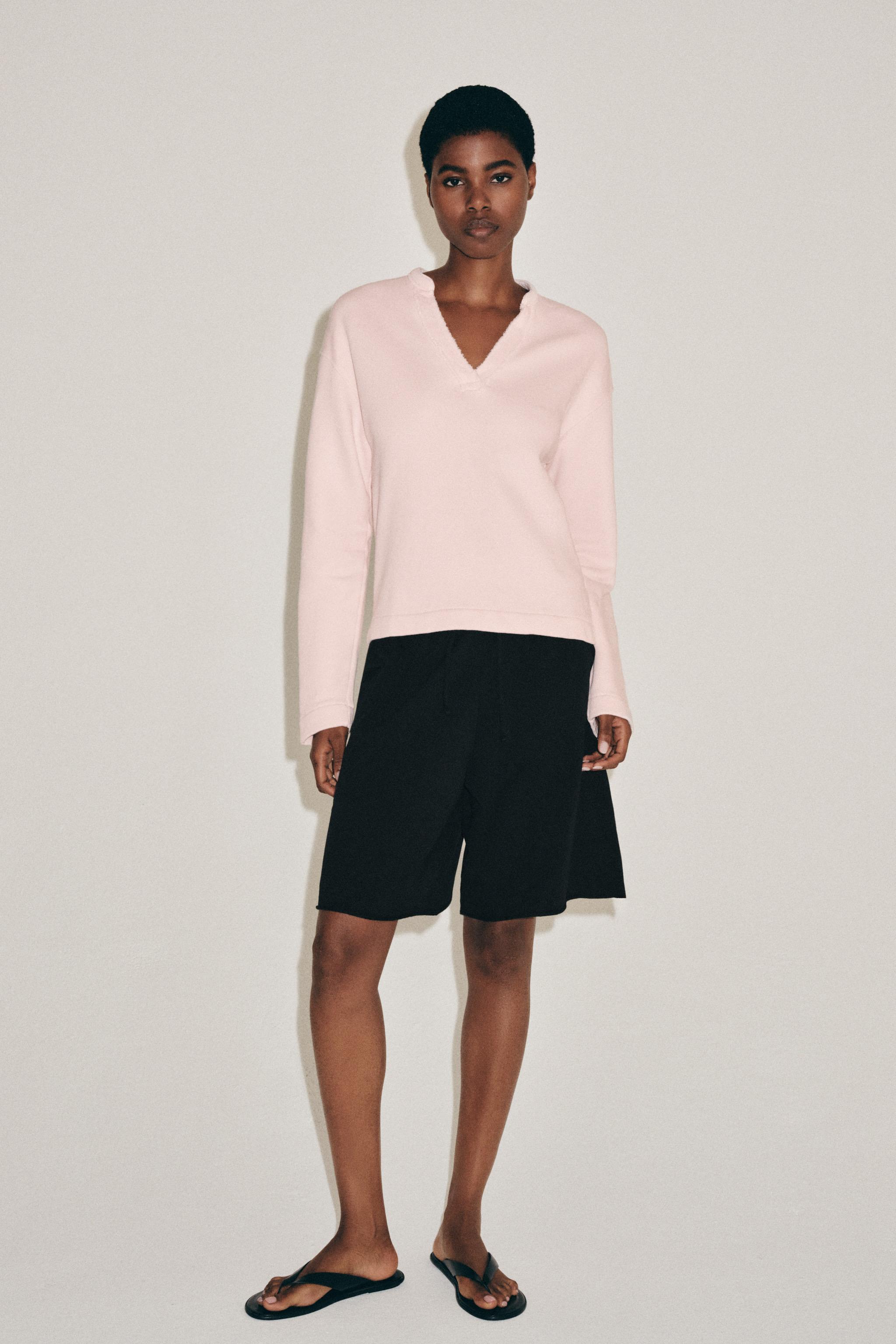 Cotton V-Neck Sweatshirt - Pastel Pink - S