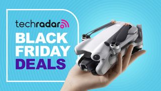 DJI Mini 4 Pro drone folded, in a hand, blue background and Black Friday deal text overlay