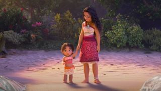 Moana and her baby sister Simea at the beach in Moana 2