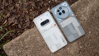 Comparing the transparent backs of the grey Nothing Phone (3a) Pro with the white Nothing Phone (3a)