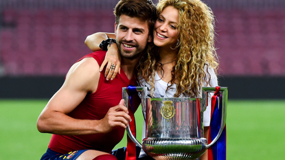 Gerard Pique of FC Barcelona and Shakira pose with the trophy after FC Barcelona won the Copa del Rey Final match against Athletic Club at Camp Nou on May 30, 2015 in Barcelona, Spain