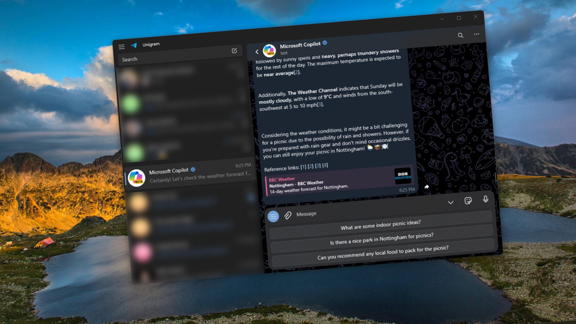 Microsoft Copilot bot within Telegram app