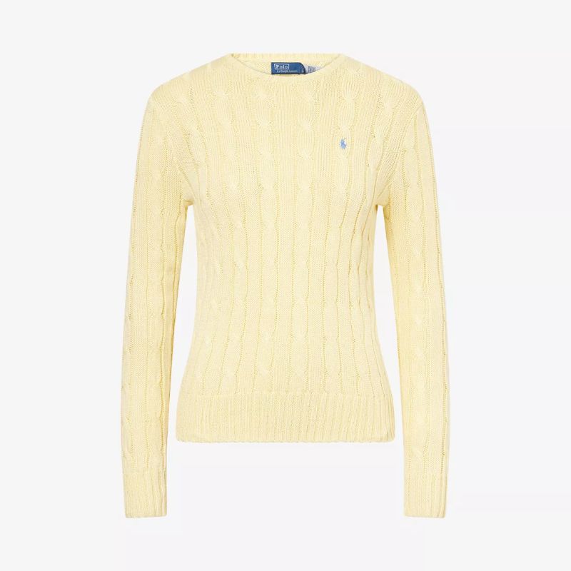 cable knit sweater in butter yellow with polo ralph lauren logo