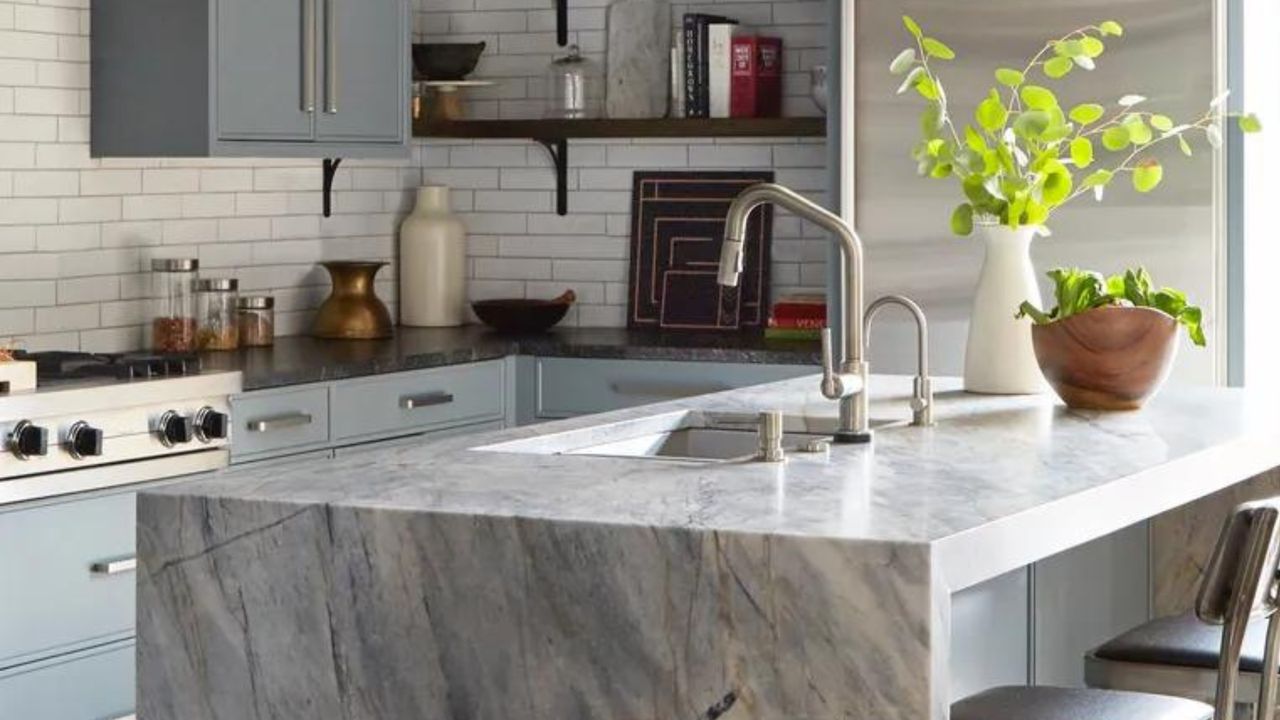 Light kitchen with marble island