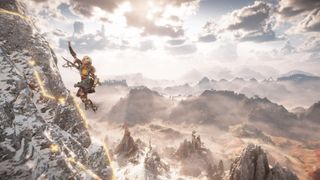 Aloy jumps up on the side of a mountain in Horizon Forbidden West