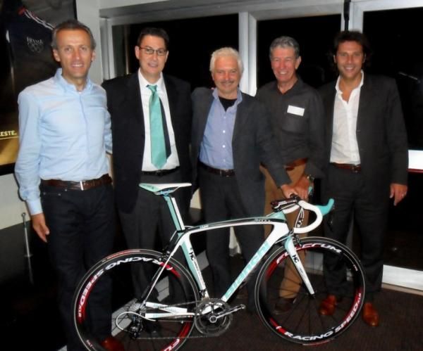 Bianchi product manager Angelo Lecchi, Bianchi CEO Bob Ippolito, Gianni Savio, Felice Gimondi and Marco Bellini.