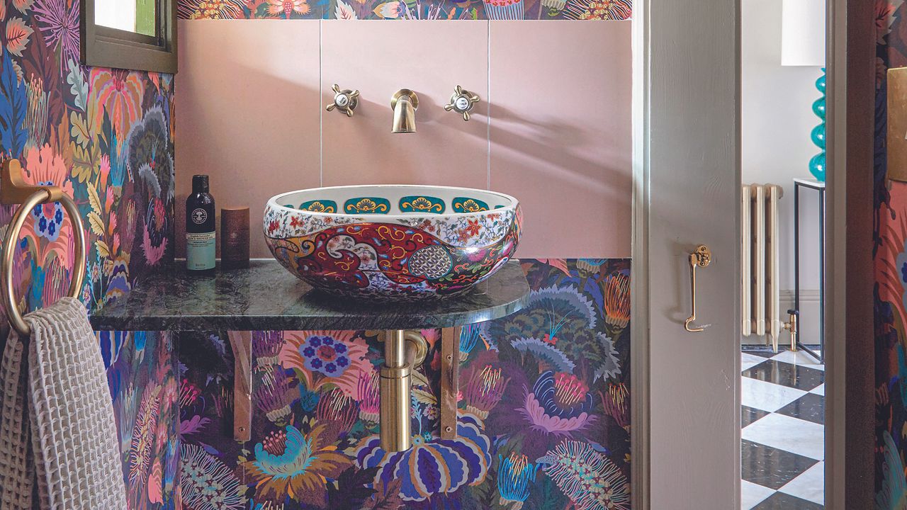 Downstairs cloakroom with purple and blue wallpaper