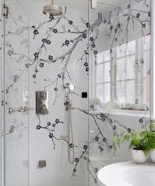 Floral mosaic bathroom in white and purple branch design