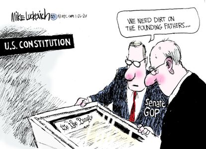 Political Cartoon U.S. GOP impeachment senate trial U.S. Constitution founding fathers