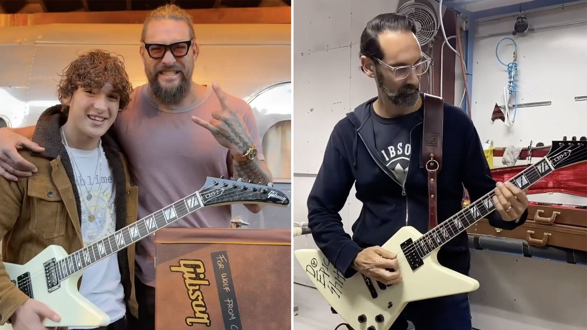 Jason Momoa with his son holding the Gibson CEO2 Explorer, and a picture of Gibson CEO Cesar Gueikian playing the guitar