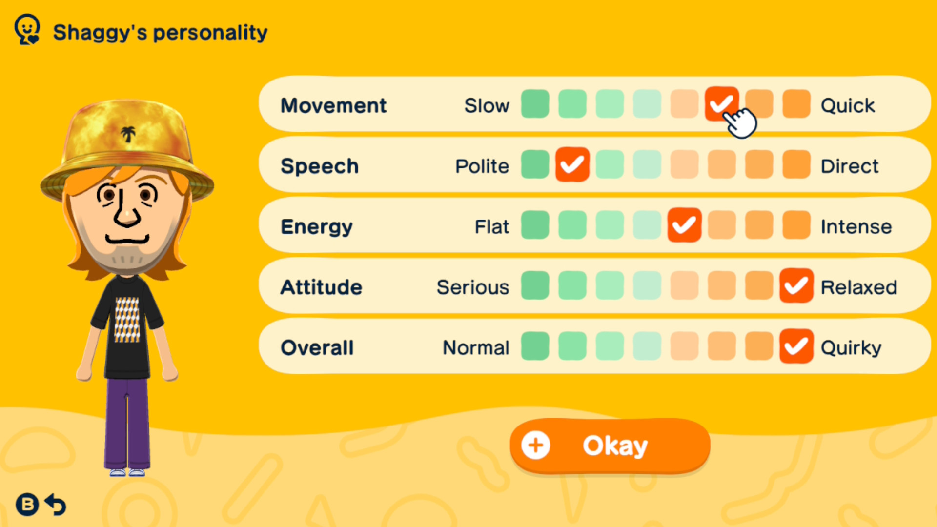 The values that make up an optimistic personality type in Tomodachi Life living the Dream