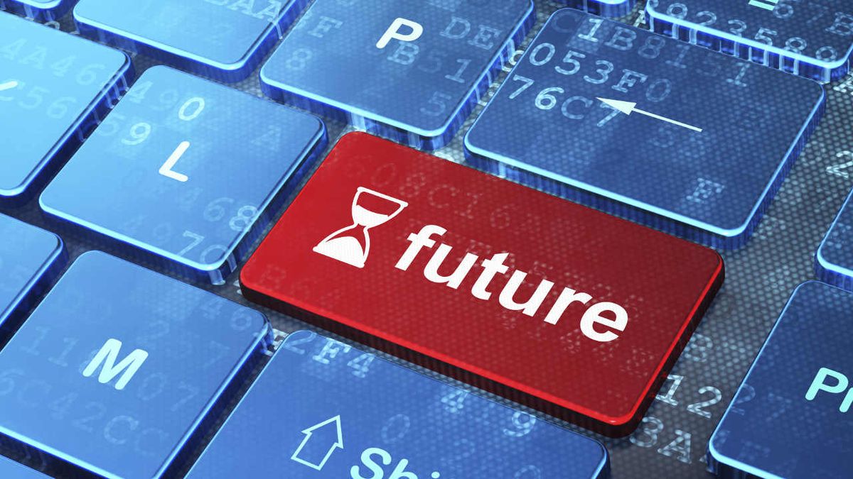 Large red key on blue keyboard has hourglass and the word &quot;future&quot;