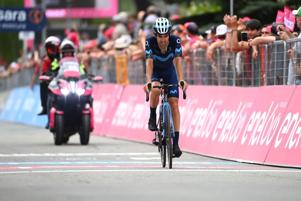 COGNE ITALY MAY 22 Antonio Pedrero Lopez of Spain and Movistar Team crosses the finish line during the 105th Giro dItalia 2022 Stage 15 a 177km stage from Rivarolo Canavese to Cogne 1622m Giro WorldTour on May 22 2022 in Cogne Italy Photo by Tim de WaeleGetty Images