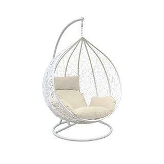 Rattan Swing Egg Chair Garden Patio Furniture Indoor Outdoor Hanging Egg Chair Swing Hammock Seat White Lounge Chair With Sturdy Steel Frame and White Cushion